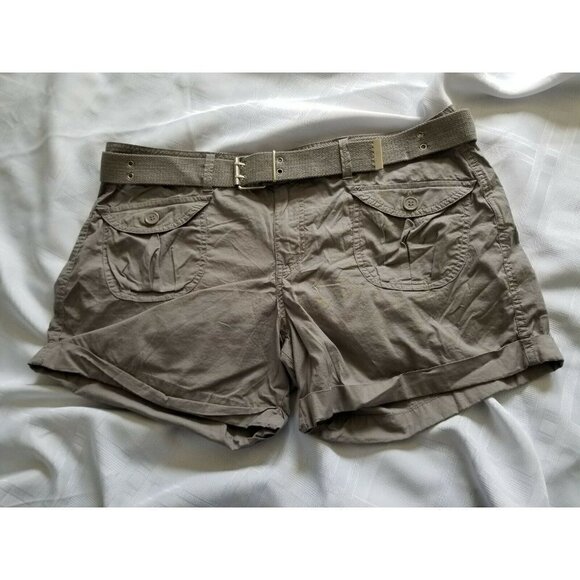 Bongo Shorts Khaki Gray Cuffed Hem Button Pockets Webbed Belt Junior Size 15 - Picture 3 of 11